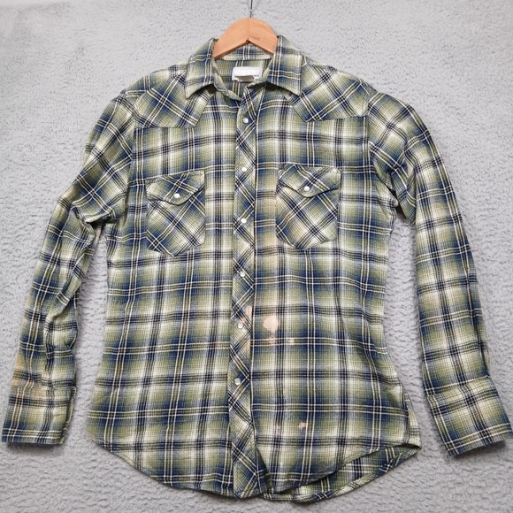 Wrangler Shirt Mens Medium Green Blue Plaid Western Pearl Snap Long Sleeve - Picture 1 of 7